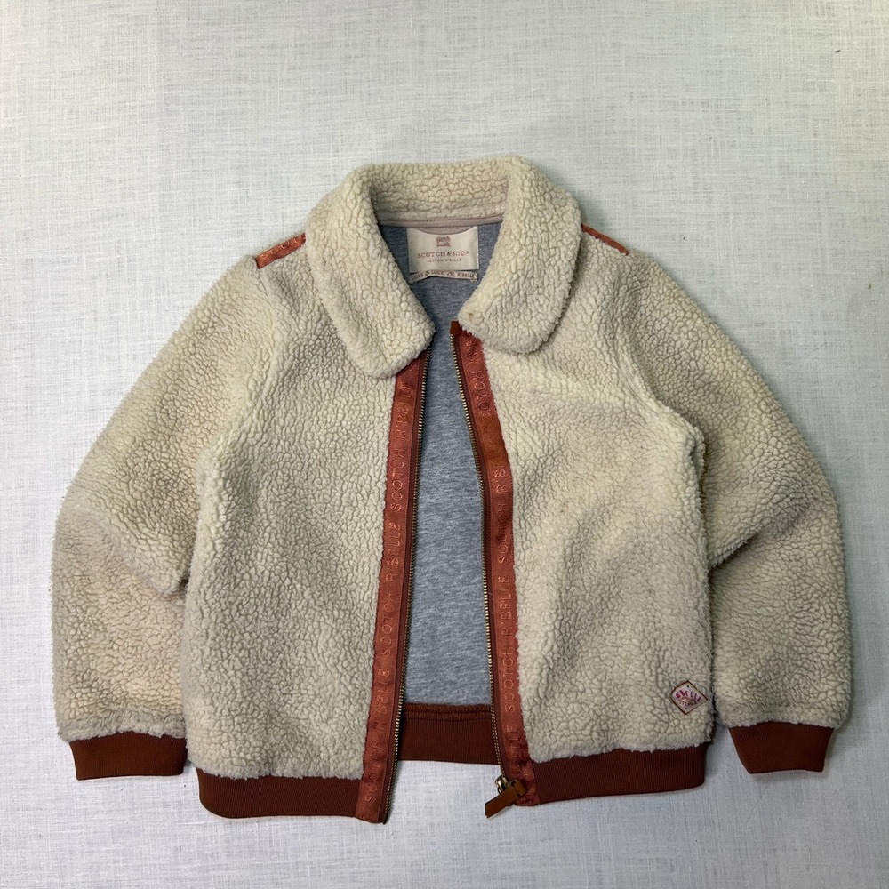 Scotch & Soda Girls Fleece Jacket Sz 8 /128 Cream Teddy Zip Up R'BELLE TAPE TRIM - Picture 2 of 11